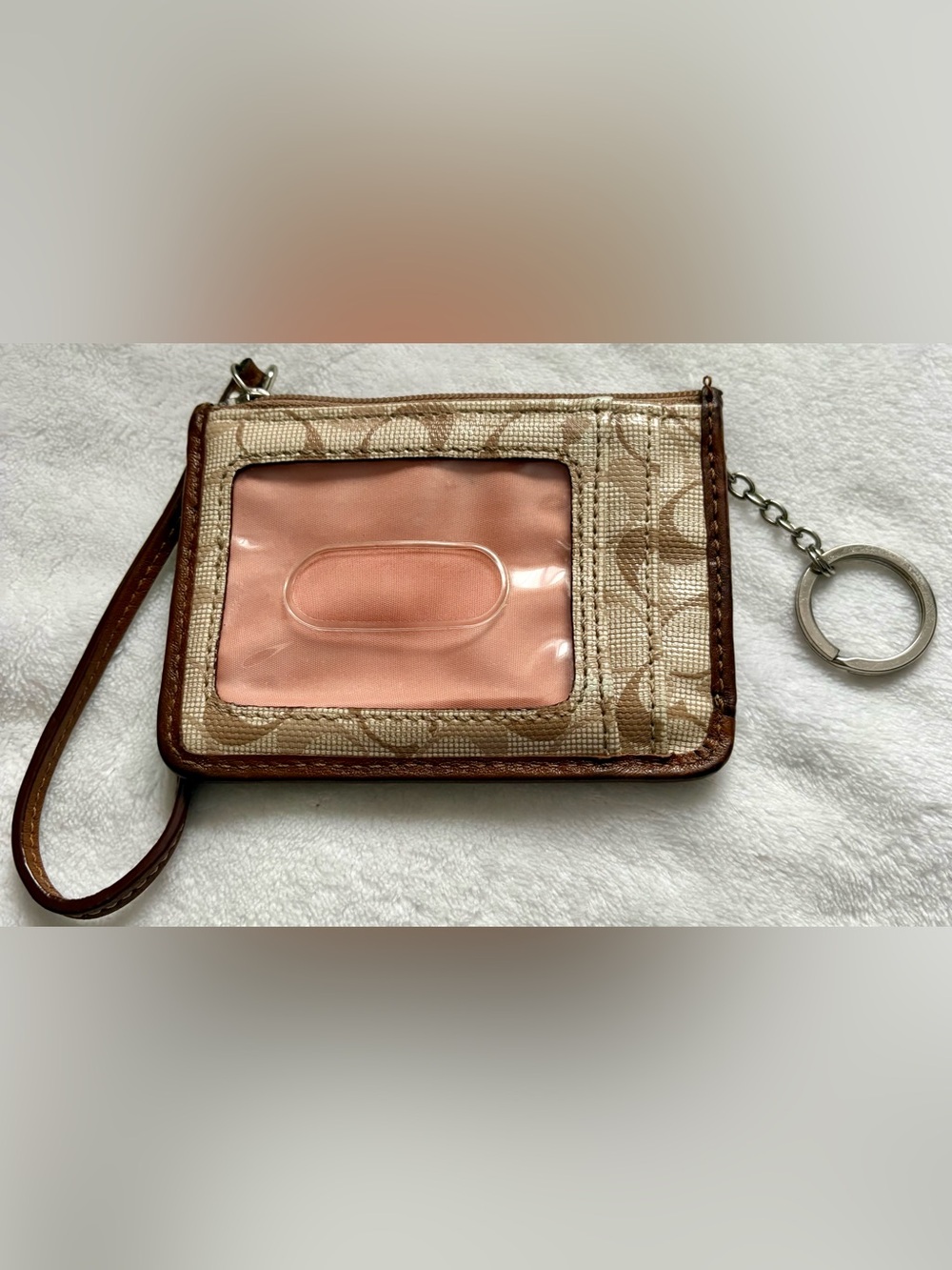 Coach Beige Signature Canvas ID Wallet with Peach Interior Window